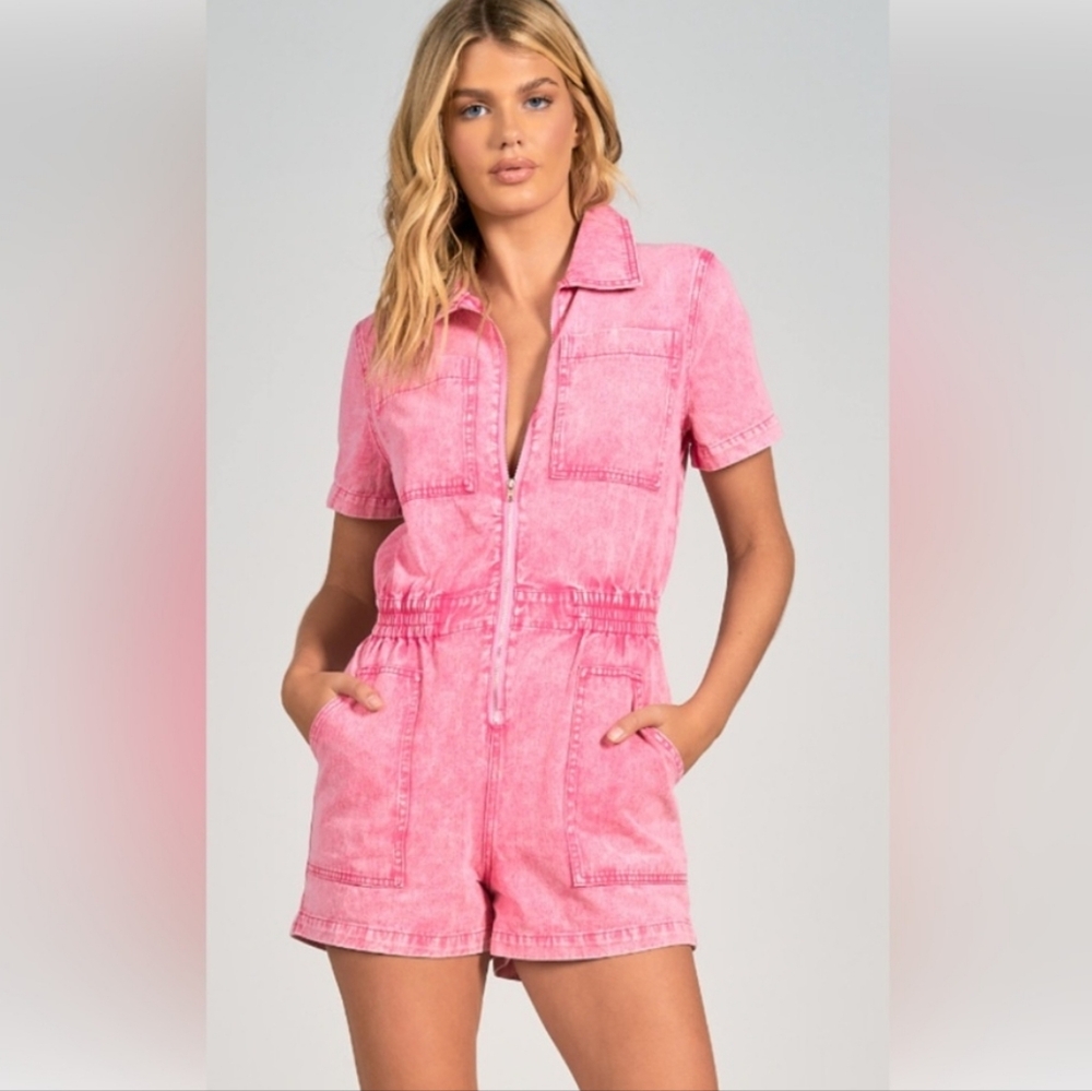 Hot Pink Denim Zip Up Romper